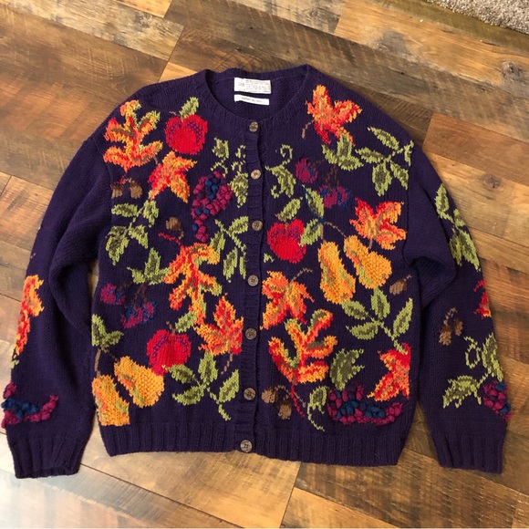 Vintage Sweaters - Vintage Hand Knit Fruit Cardigan Sweater L